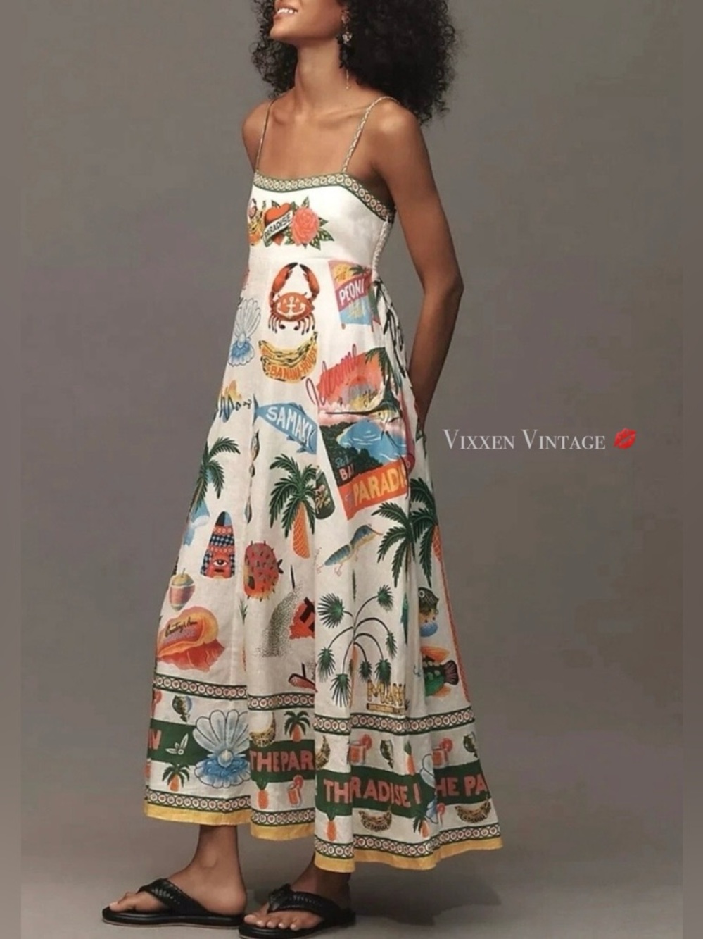 MAISON D'AMELIE TROPICAL TIERED LINEN MAXI DRESS IN GREEN COMBO